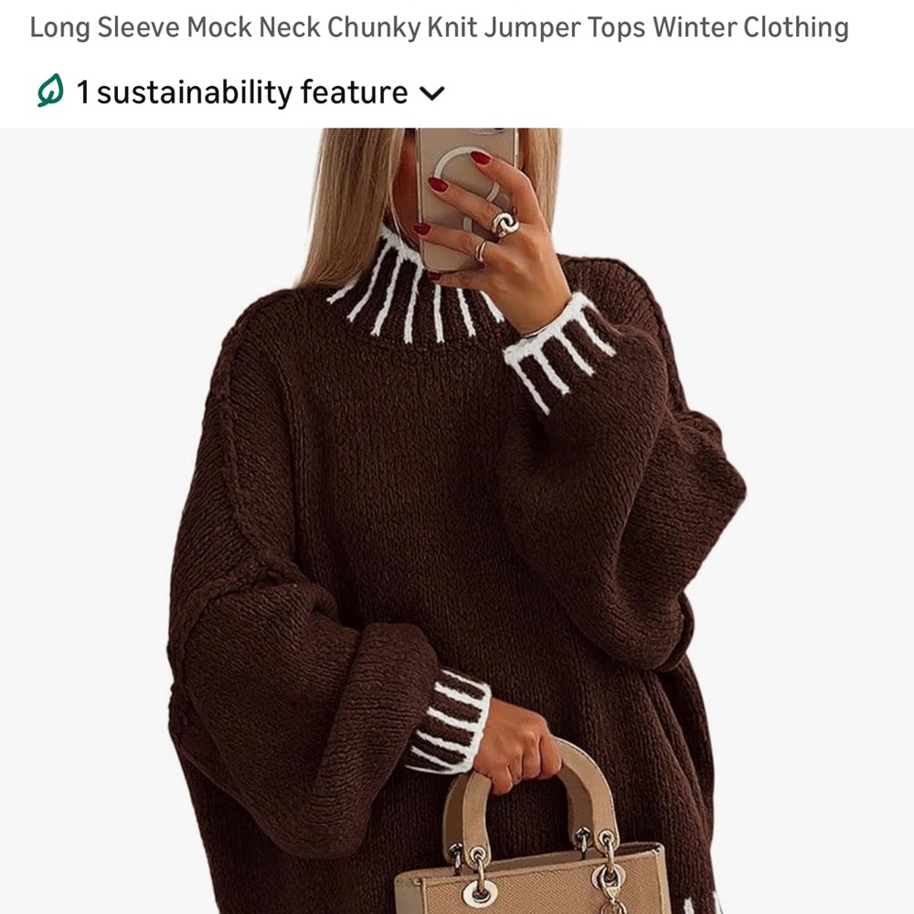 Cozy Brown Knit Turtleneck Sweater with White Accents